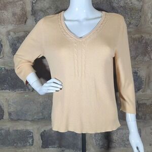 Vintage Villager V Neck Yellow Sweater Woman's Size Medium 3/4 Sleeve Cable Knit